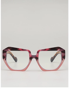 Detail view of the square frame sunglasses with red-to-purple gradient marble texture