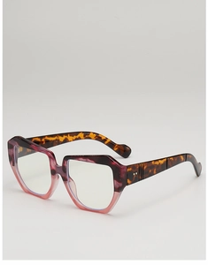 Detail of geometric square sunglasses with tortoiseshell and pink two-tone frame design