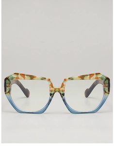 Close-up of geometric square sunglasses with camouflage top and blue gradient lower frame
