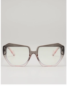 Detailed front view of thick geometric square sunglasses with grey and pink gradient frames