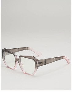 Detail of grey to pink gradient square glasses frame with gold rivets and textured temples
