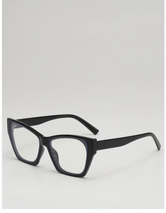Detail of sleek black cat-eye sunglasses with blue light coating and clear lenses