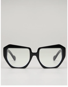 Detailed front view of black thick square geometric frame with decorative rice rivets