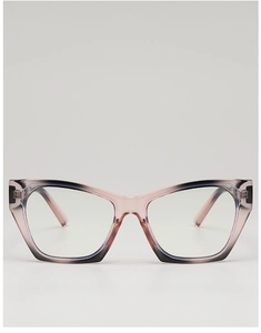 Detail of cat-eye sunglasses featuring purple to grey gradient translucent frames