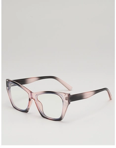 Detail view of cat eye sunglasses showing transparent gradient frames and temple size specs