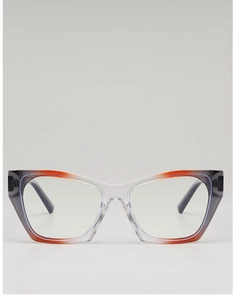 Detail of gradient translucent cat-eye frame in dark grey to bright orange-red
