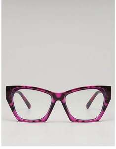 Detailed front view of pink and purple tortoise shell cat-eye sunglasses frames