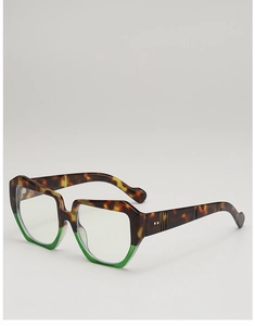 Detail of tortoise shell and green transparent frame sunglasses with square design