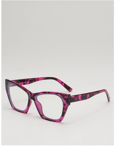 Detailed side view of purple tortoiseshell cat-eye frame with light blue reflective lenses