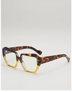 Detailed side view of geometric square sunglasses with tortoiseshell and yellow frames