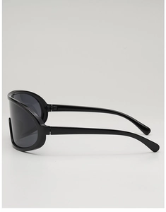 Side view of sleek black oversized sports cycling glasses with modern wide temples