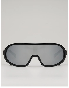 Front detail of shield sunglasses with black frames and silver mirrored lenses for sports
