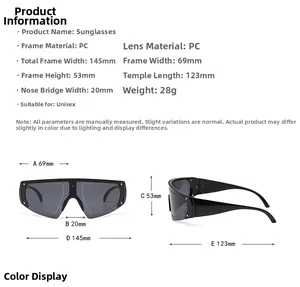 Detailed dimension guide for unisex shield sunglasses with 145mm PC frame and colorful lenses