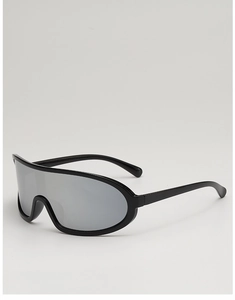 Side view of cycling shield sunglasses with black frames and silver mirrored lenses