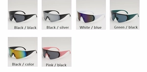 Collage of sporty wrap-around sunglasses showing diverse colorful lens and frame combinations