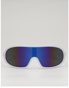 Front view of white sports cycling sunglasses with a purple and blue gradient polarized lens
