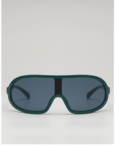 Front detail of dark green oversized cycling sunglasses with integrated smoke grey lenses