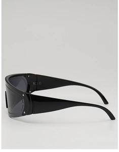 Side view of black wrap-around sunglasses with wide temples and silver stud accents