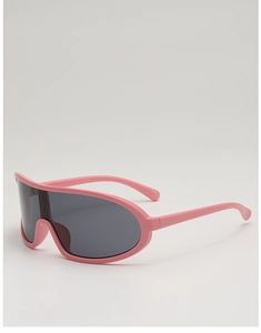 Side view of pink cycling sunglasses with dark grey one-piece lens for sports