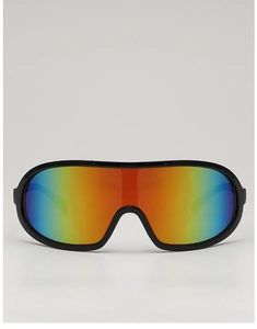 Close-up of rainbow mirrored lenses and black frame on athletic cycling sunglasses