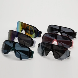 Collection of oversized shield sunglasses in diverse gradient colors and sleek frames