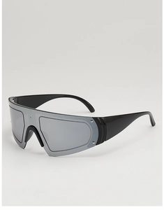Detail of futuristic wide shield sunglasses with grey lenses and black matte frames