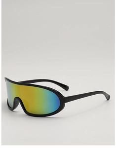 Detail of oversized cycling sunglasses with rainbow iridescent lenses and matte black frame