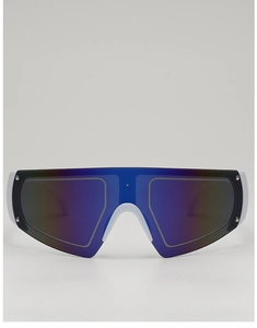 Detail of white Y2K sunglasses with purple gradient lenses and silver rivets