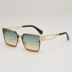 Retro square gold metal sunglasses with gradient green lenses and hollow temples