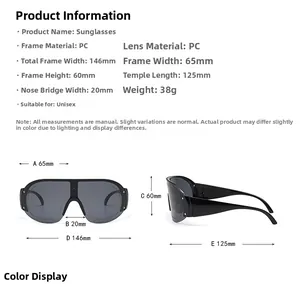 Detailed size chart with dimensions for oversized sports cycling sunglasses in PC material