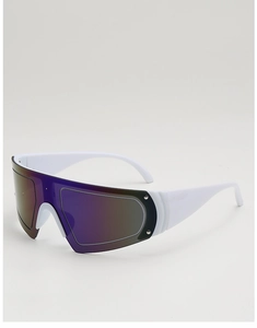Detail of white wrap-around sunglasses featuring purple mirrored lenses and metal rivets