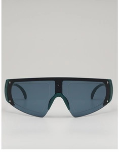 Close-up of dark green futuristic oversized sports sunglasses with silver rivets