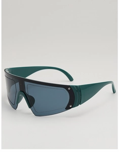 Side view of dark green futuristic oversized shield sunglasses with thick temples