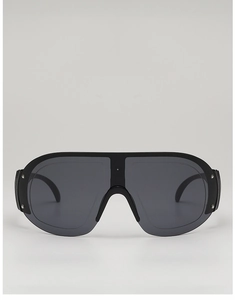 Front view of matte black oversized wraparound sunglasses with silver rivets