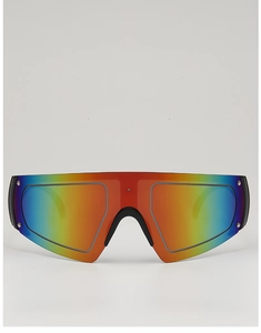 Detail of colorful gradient mirrored lens and silver rivets on black frame sunglasses