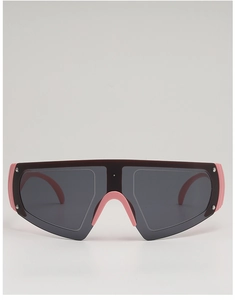 Front view of wide frame shield sunglasses with deep gray lenses and pink accents