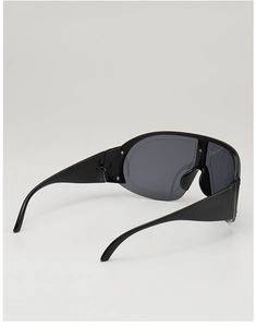 Top view of black oversized shield sunglasses with wide temples and silver rivets detail