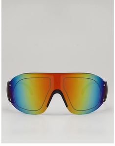 Macro shot of futuristic sports sunglasses featuring rainbow gradient lenses and silver rivets