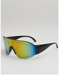Side view of oversized wrap shield sunglasses with gradient mirrored lens and wide frames