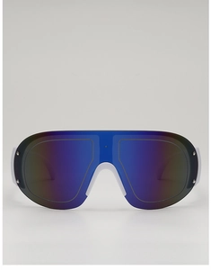 Detail of white sport shield sunglasses with blue-purple lens and silver rivet accents