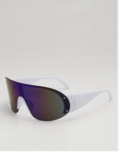 Close-up of white shield sports sunglasses with purple reflective mirror lens