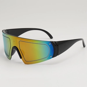 Futuristic large-frame sunglasses with colorful gradient lens and wide black arms
