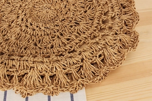 Close-up of handmade round paper rope woven bag showing intricate openwork crochet edge
