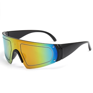Oversized shield sunglasses with rainbow gradient reflective lenses and black frames