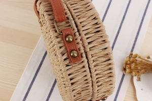 Close-up of circular straw bag showing woven texture, leather strap, and bronze rivets
