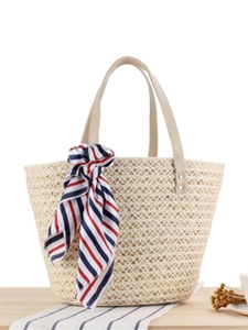 Women Straw Woven Tote Bag Hemp Rope Large Capacity Beach Vacation Handbag With Satin Scarf PU Handle Casual Fashion