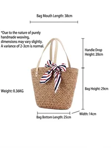 Handwoven straw tote bag with silk ribbon and leather handles, dimensions 38x29x14 cm