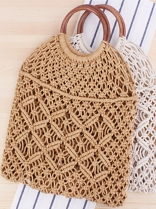 Sac À Main En Corde De Coton Tissé Avec Poignées En Bois Rondes Macramé Filet Fourre-Tout Pour Femmes Plage
