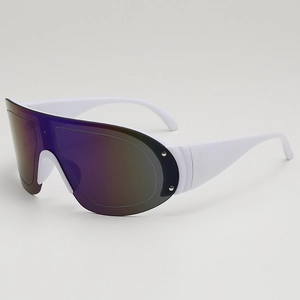 White oversized wrap sunglasses with purple polarized lens and wide temples for sports
