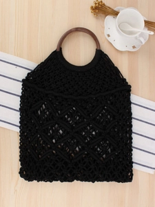 Sac à main en corde tressée noire avec motif géométrique et poignées rondes en bois